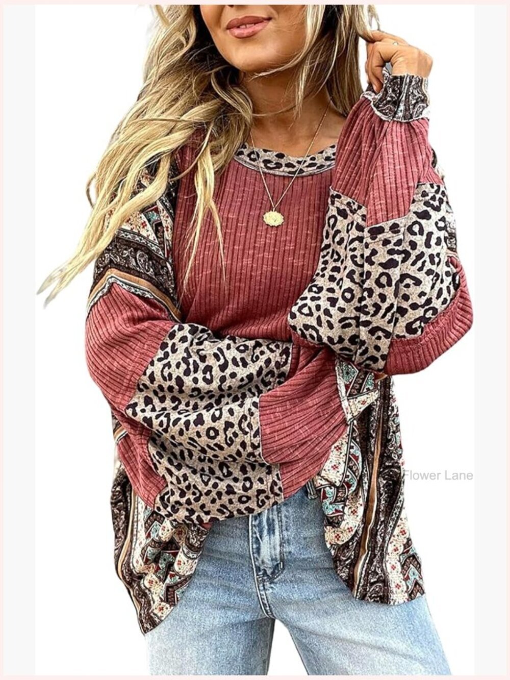 Long Sleeve Leopard Print T-Shirt Crew Neck Ethnic Style Loose Fit Top